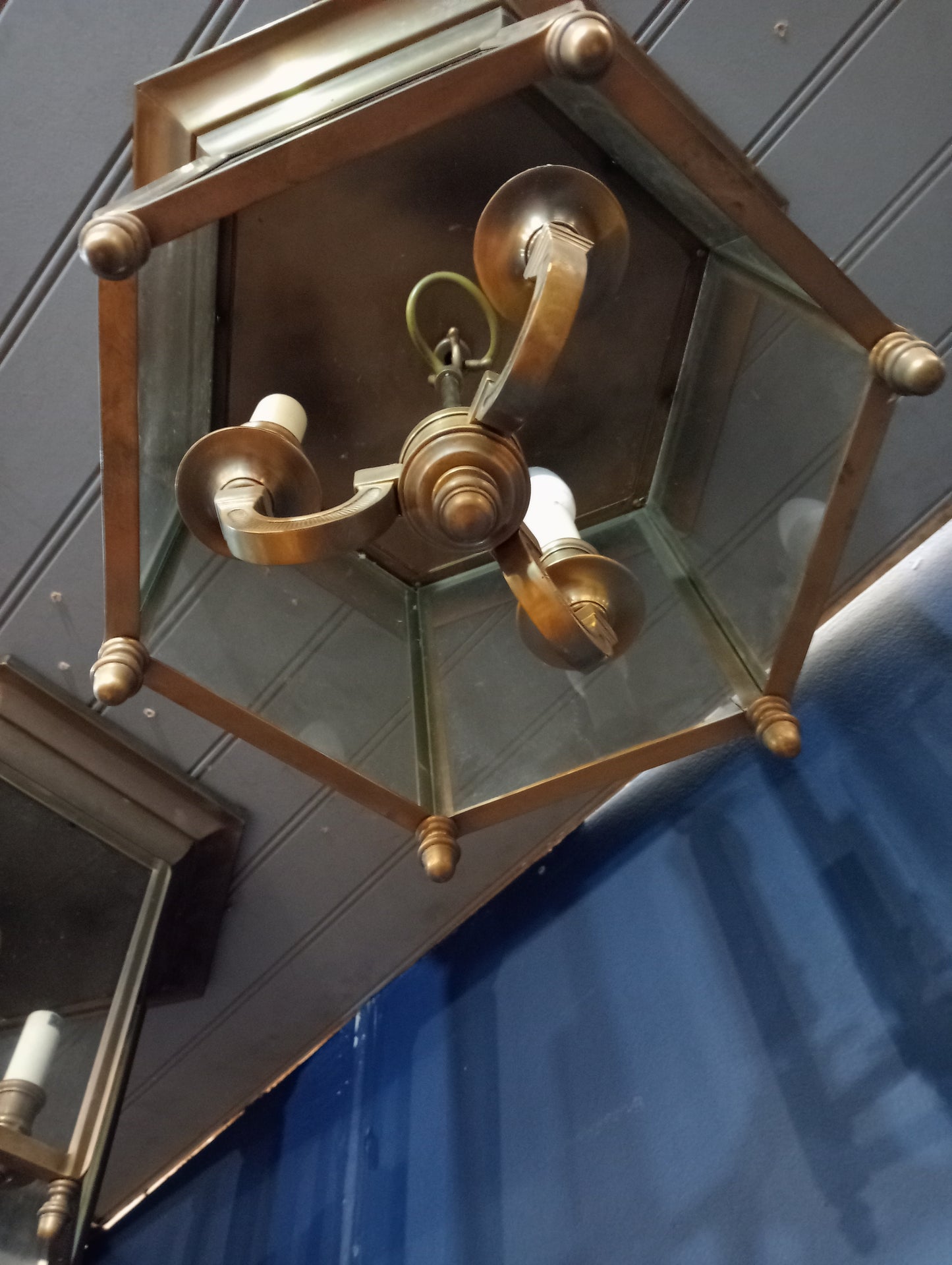 Pair of brass three lamp ceiling lights