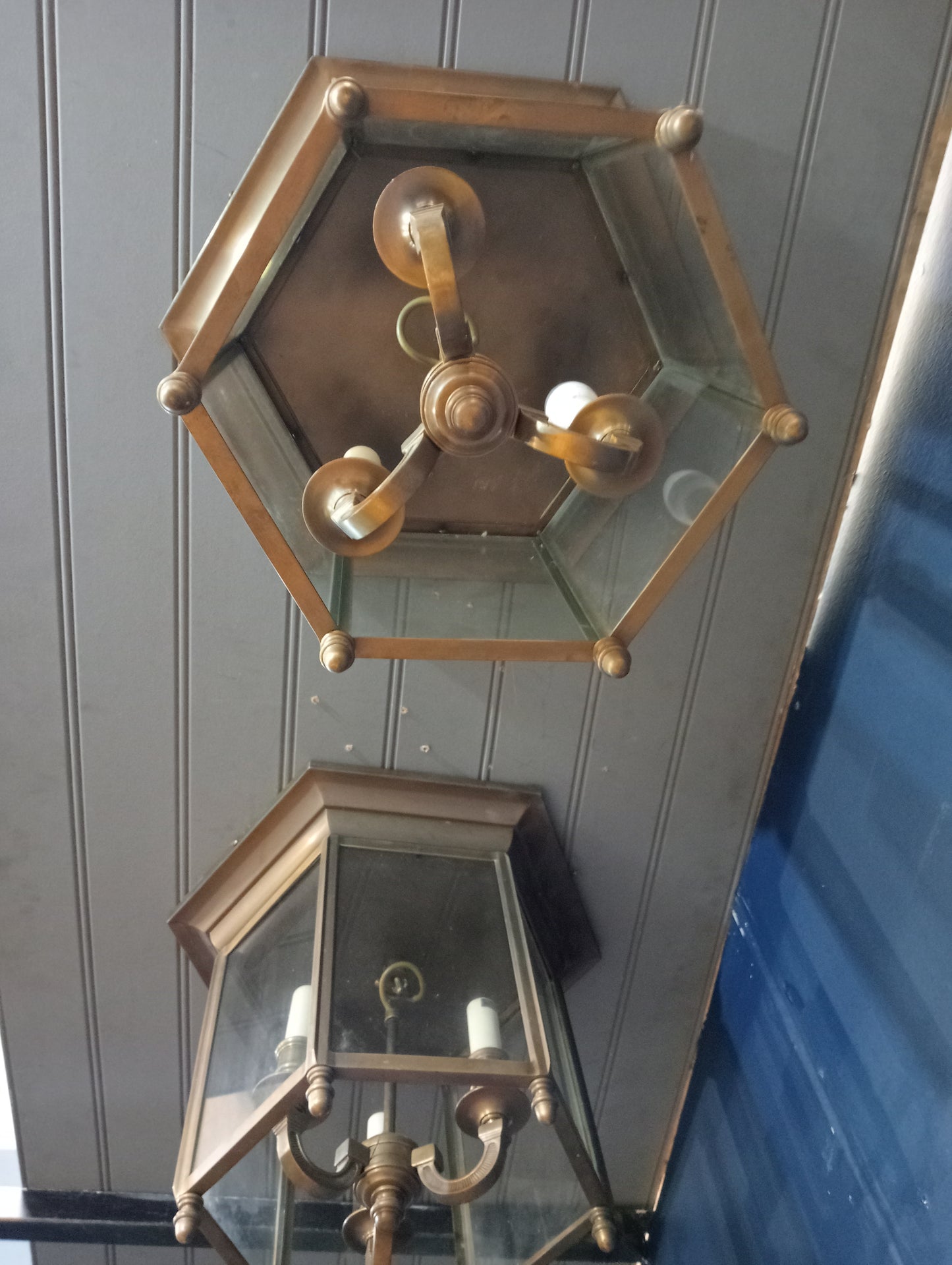 Pair of brass three lamp ceiling lights