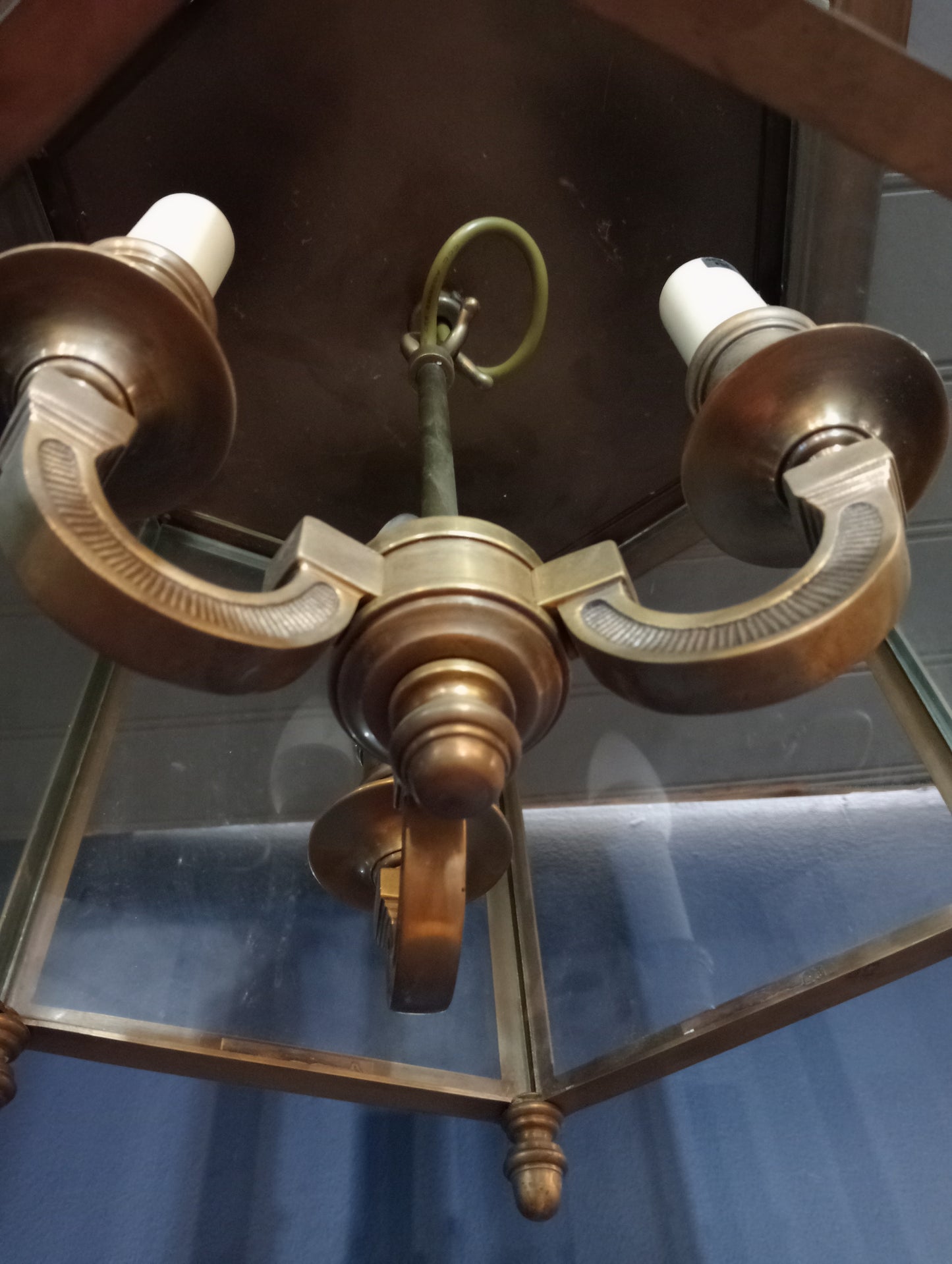 Pair of brass three lamp ceiling lights