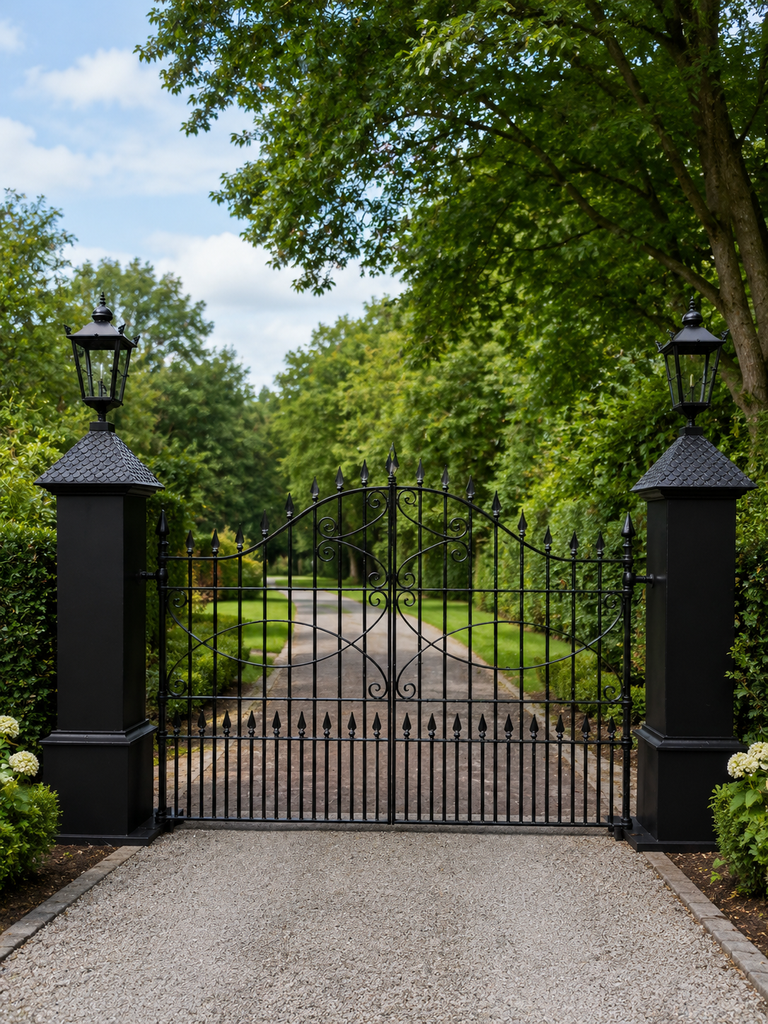 Pair of cast-steel posts with Georgian cast iron scroll gates with pointed finials