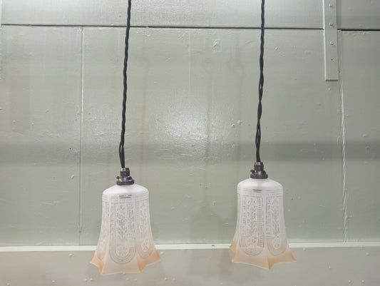 Pair of etched glass lights with bronze light fittings