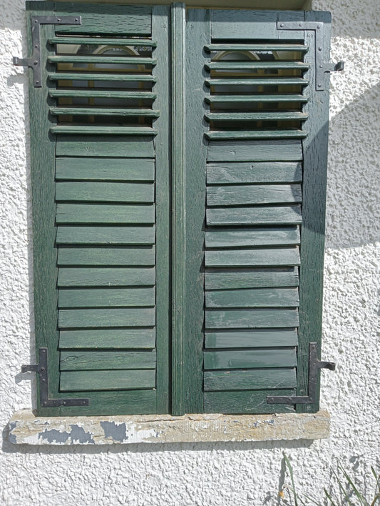 Pair of french style green louvred window shutters