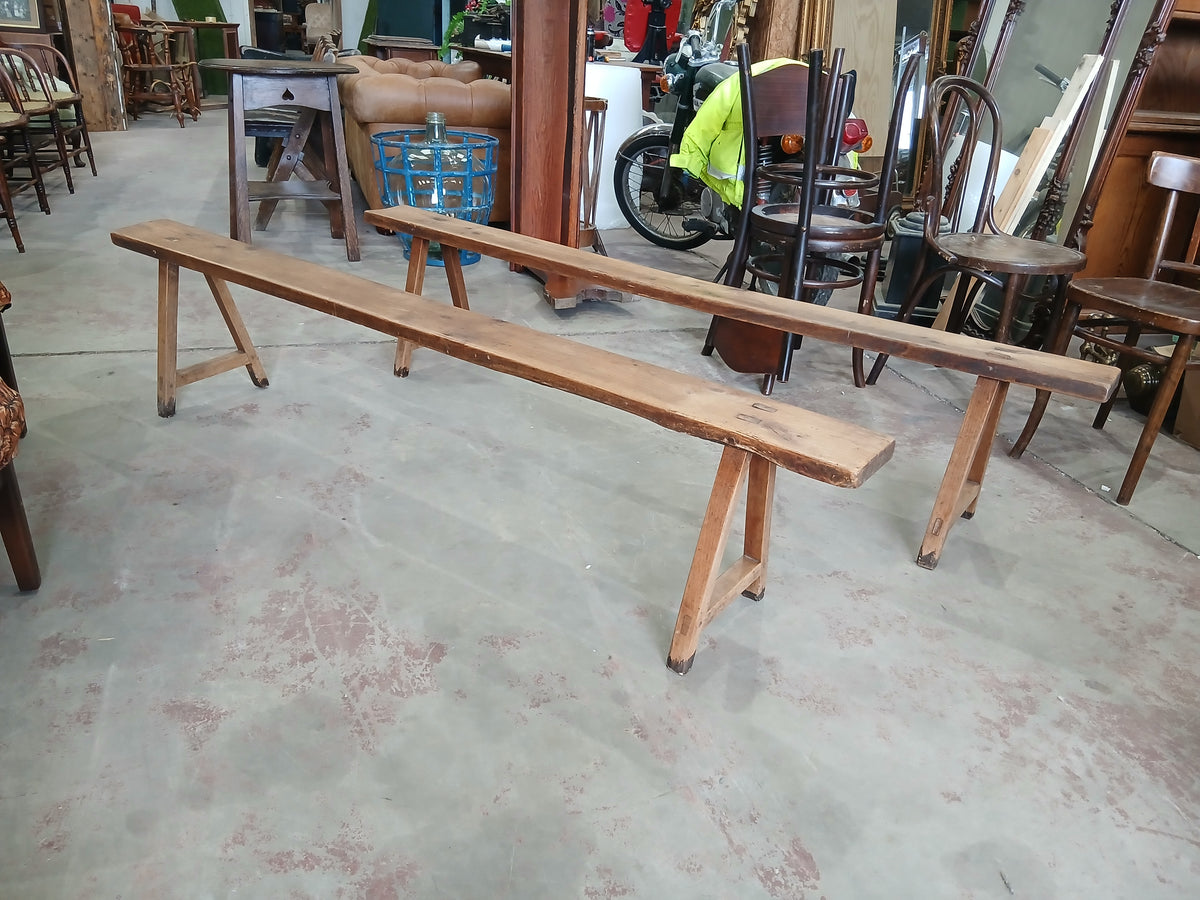 Pair of Fruitwood Trestle Benches with A-Frame Pegged Legs