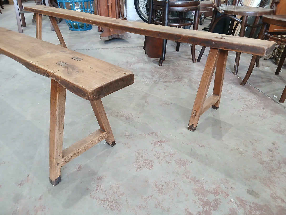 Pair of Fruitwood Trestle Benches with A-Frame Pegged Legs