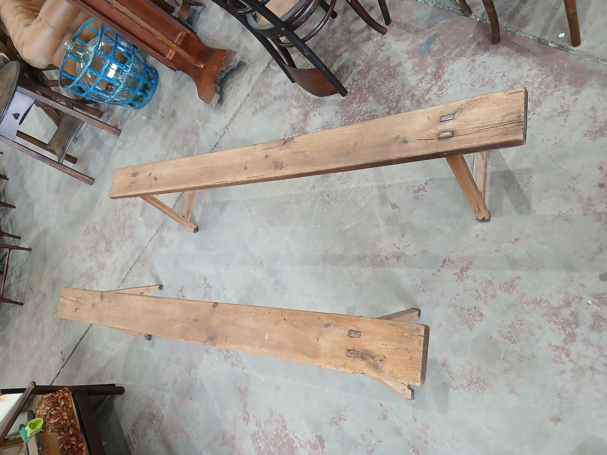 Pair of Fruitwood Trestle Benches with A-Frame Pegged Legs