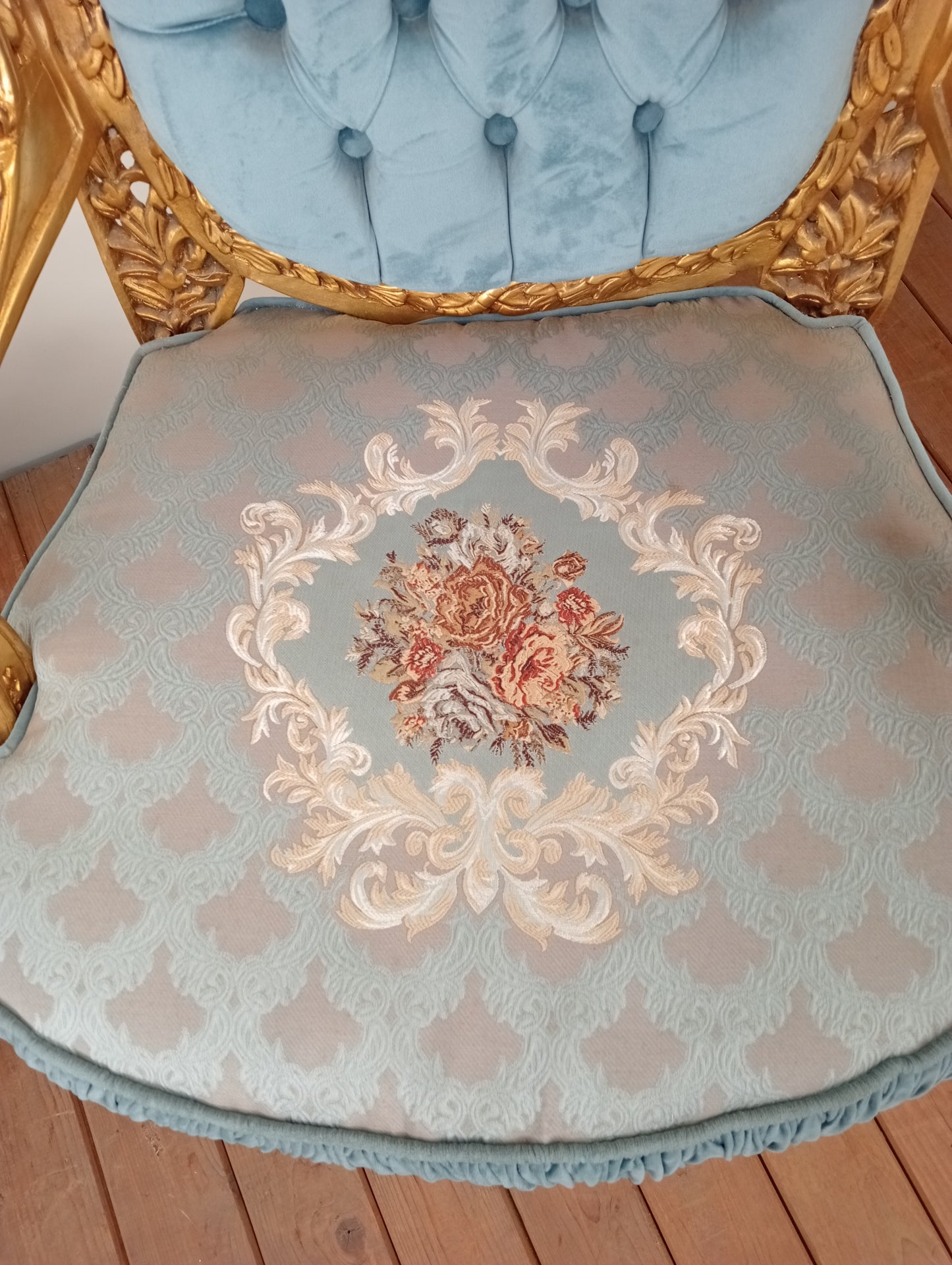 Pair of giltwood French style armchairs deep button floral design blue velvet fabric