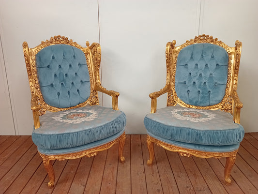 Pair of giltwood French style armchairs deep button floral design blue velvet fabric