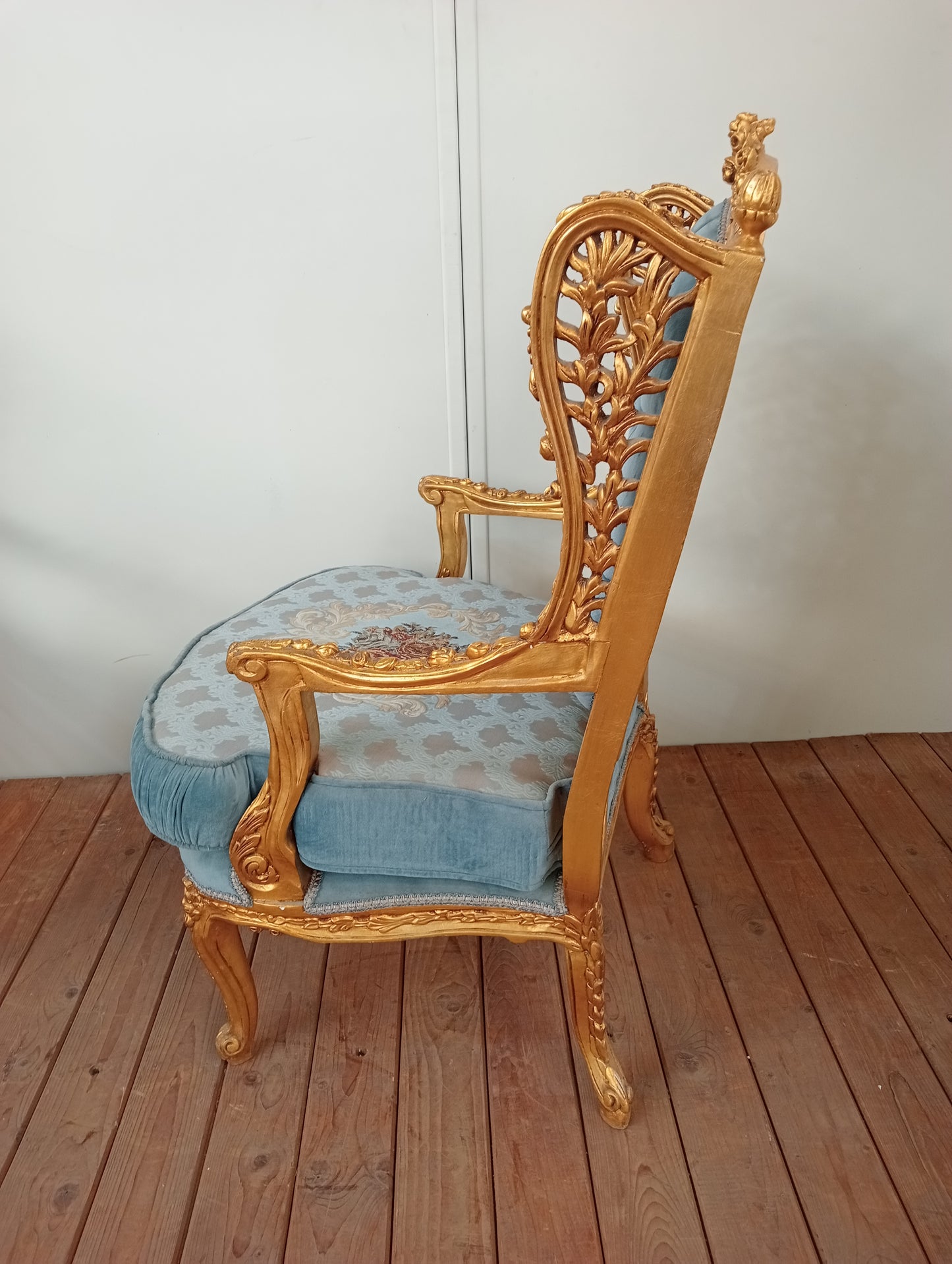 Pair of giltwood French style armchairs deep button floral design blue velvet fabric