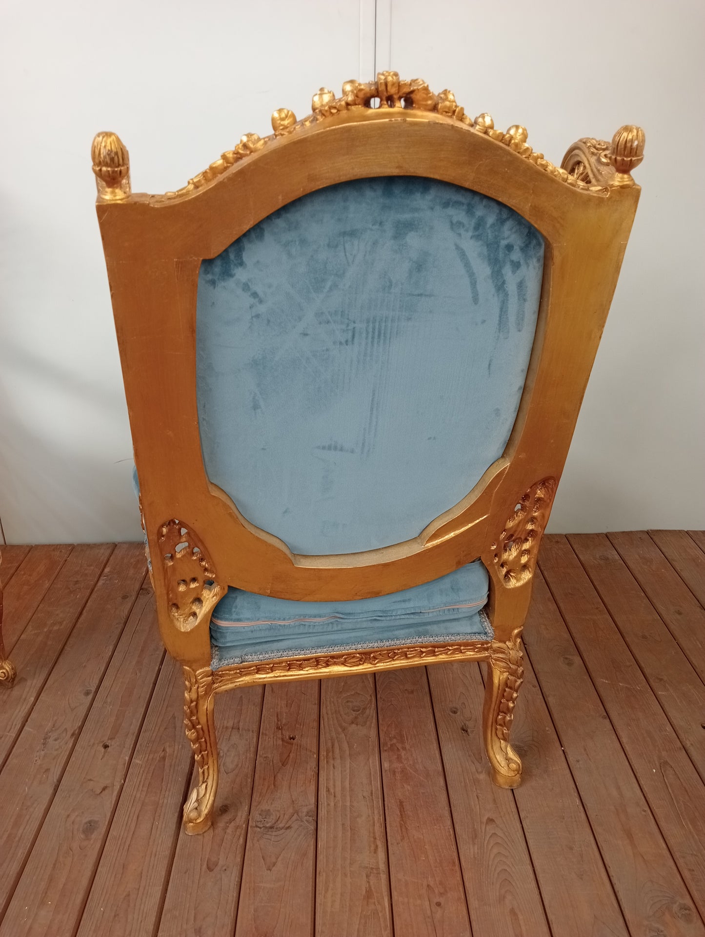 Pair of giltwood French style armchairs deep button floral design blue velvet fabric