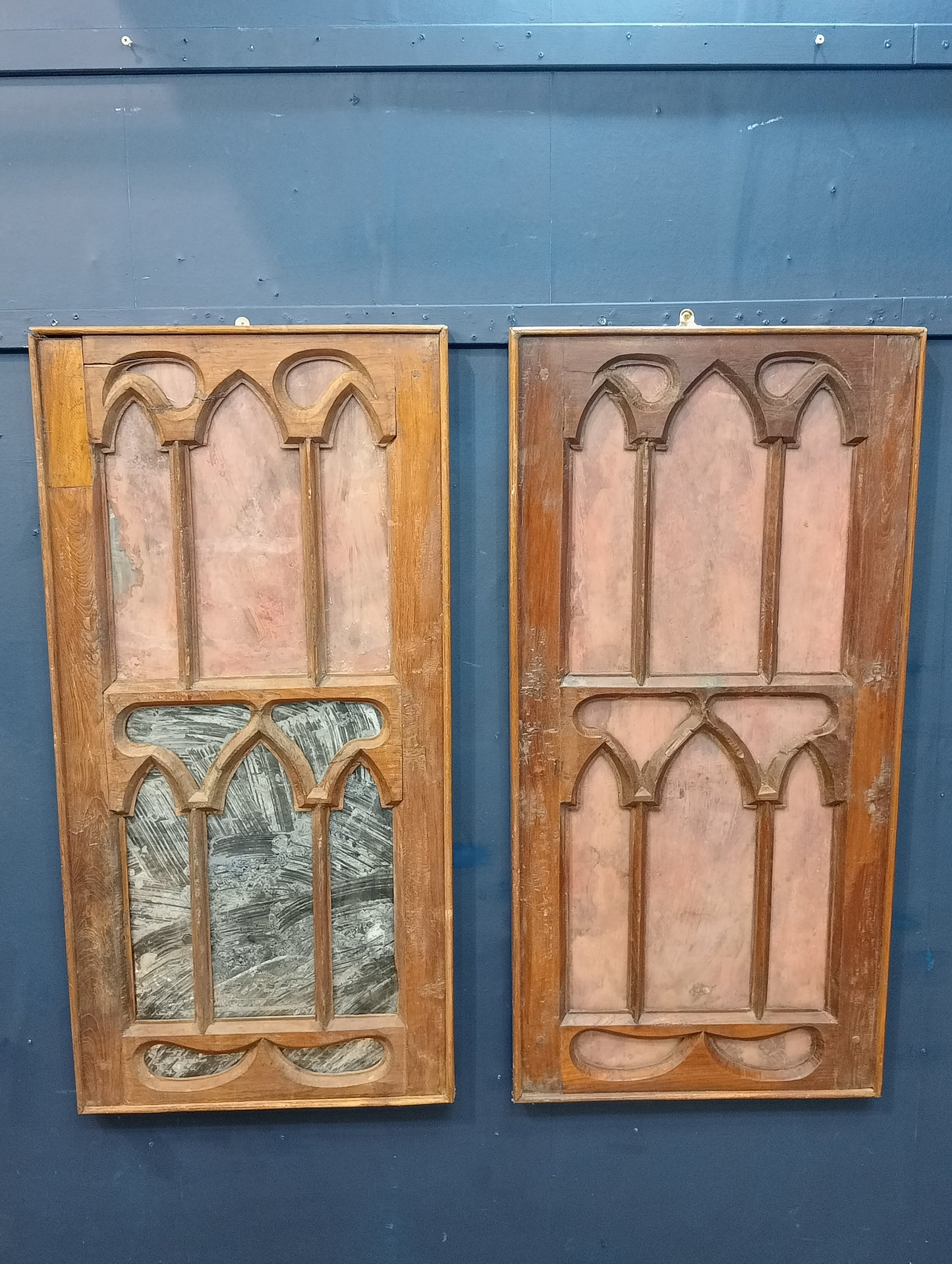 Pair of glazed oak gothic windows