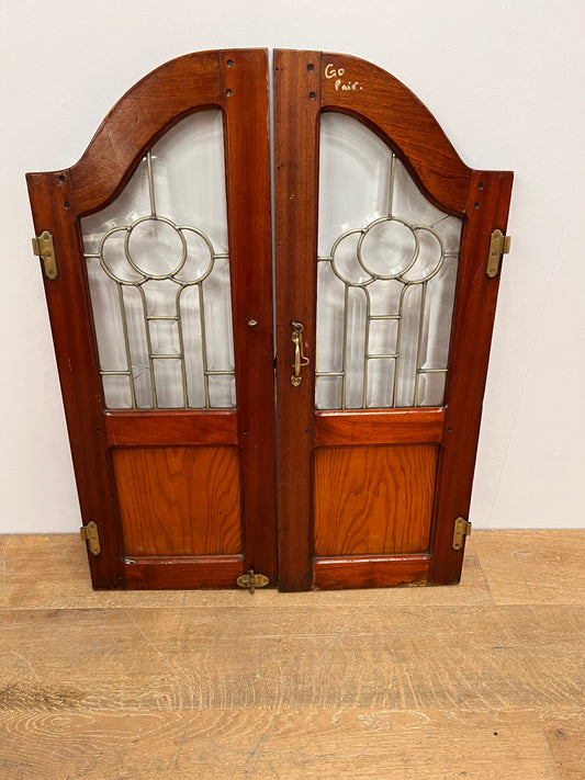 Pair of mahogany bar hatched doors with leaded bevelled glass