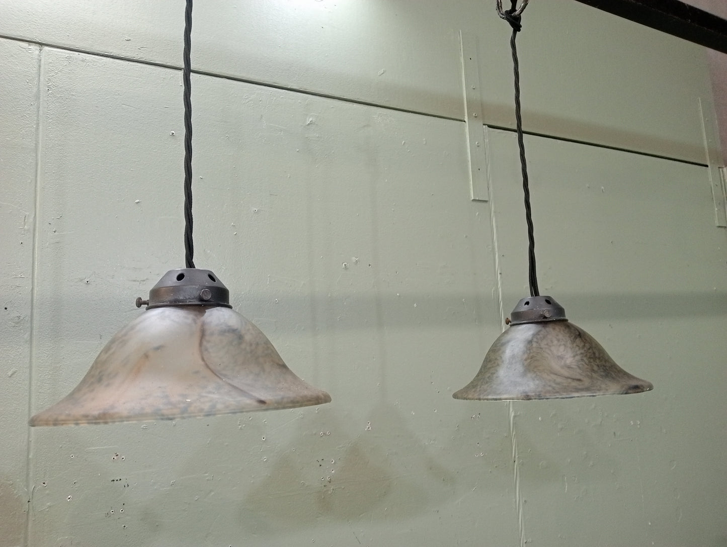 Pair of mercury glass pendant lights twisted braided cord and brass fittings
