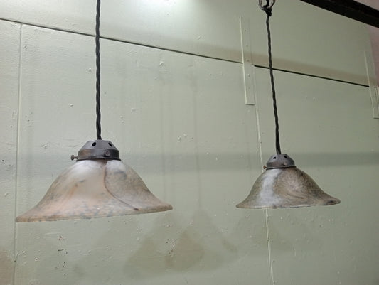 Pair of mercury glass pendant lights twisted braided cord and brass fittings