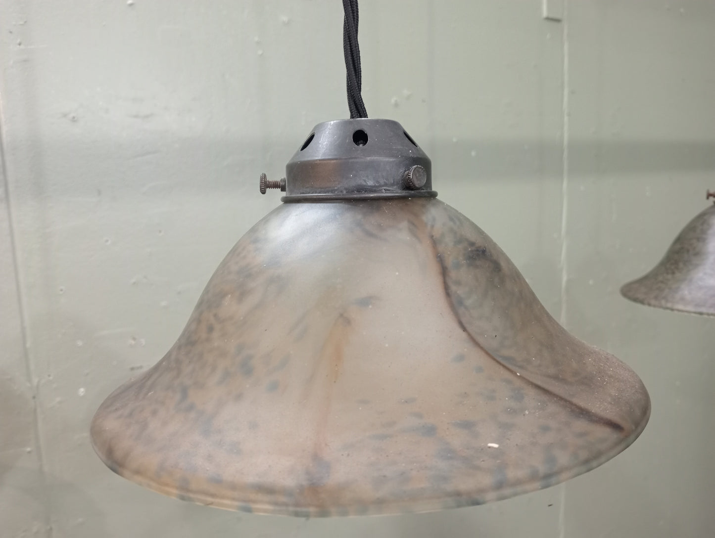 Pair of mercury glass pendant lights twisted braided cord and brass fittings