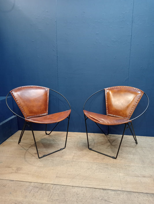 Pair of metal and ribbed leather tub chair