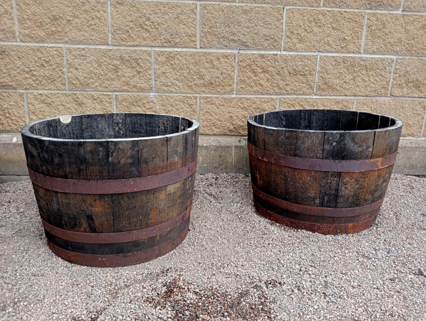 Pair of oak half barrels planters