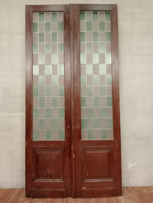 Pair of oak leaded glass doors