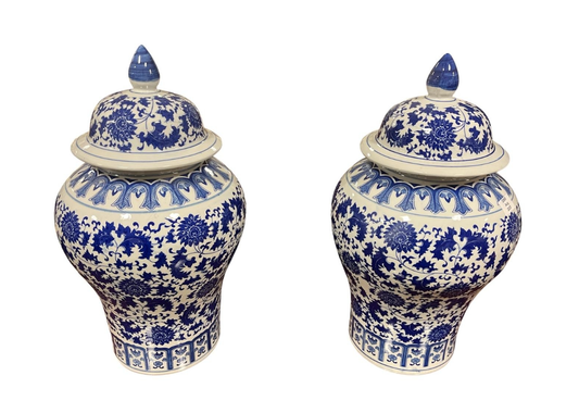 Pair of Blue and White Ceramic Urns