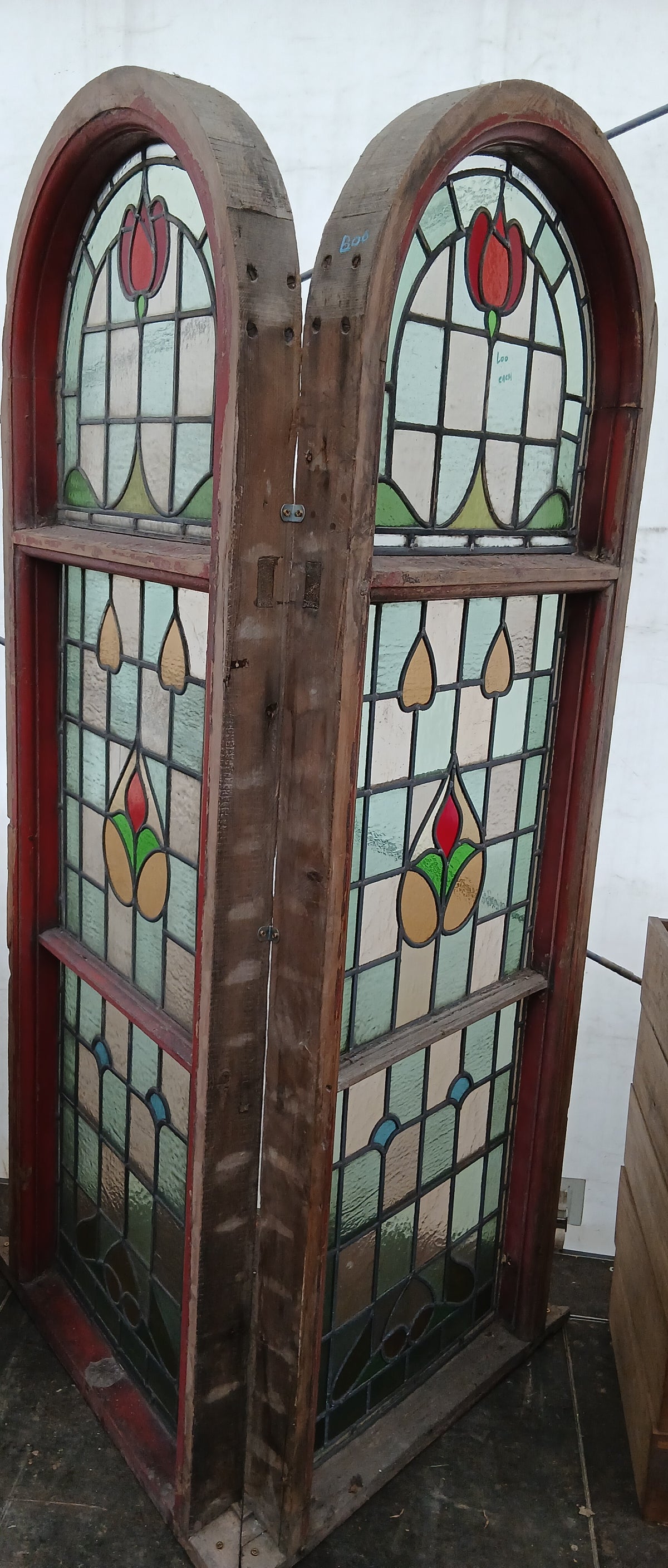 Pair of Reclaimed Arched Stained Glass Windows with Red Tulip Design