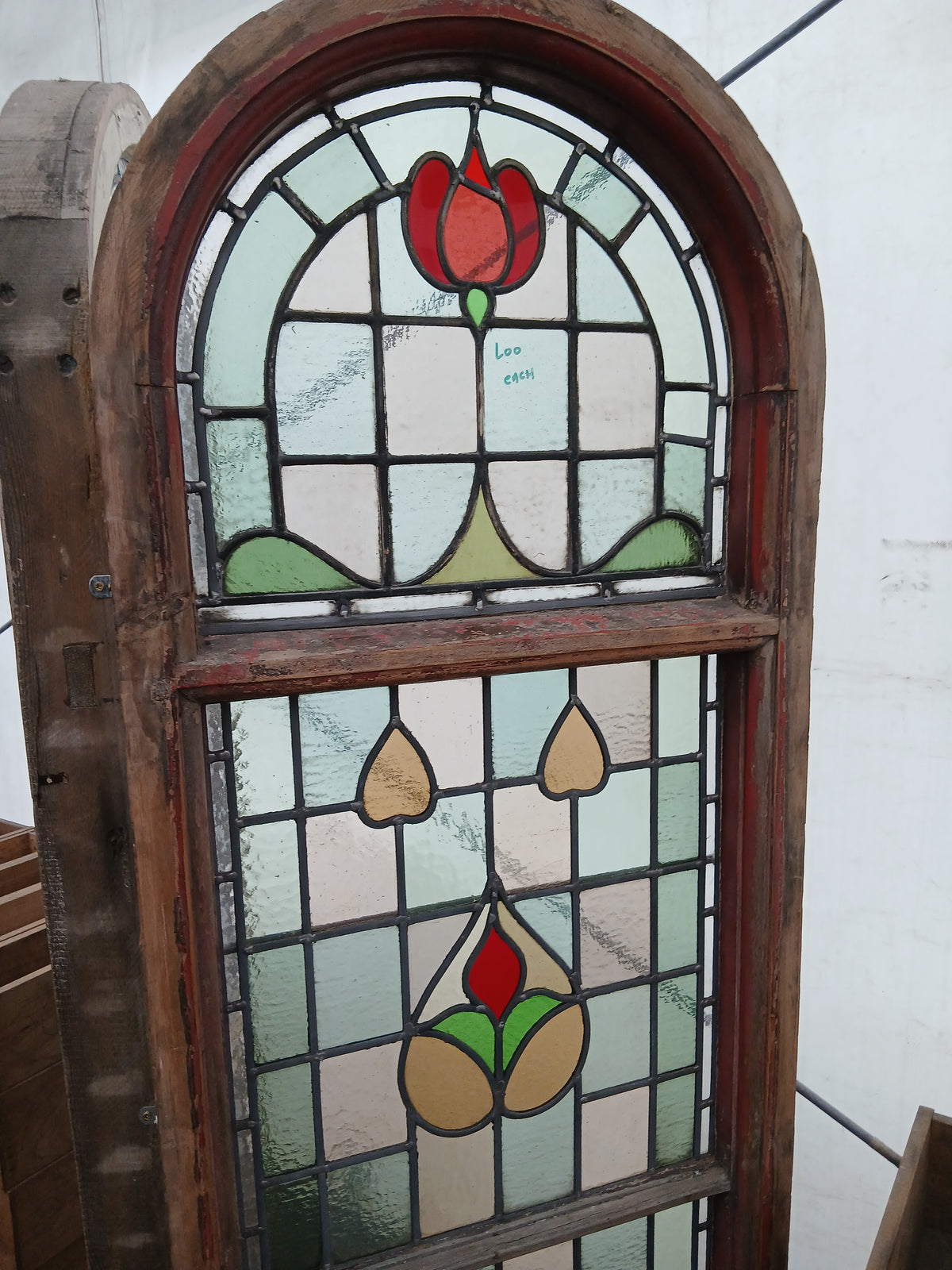 Pair of Reclaimed Arched Stained Glass Windows with Red Tulip Design