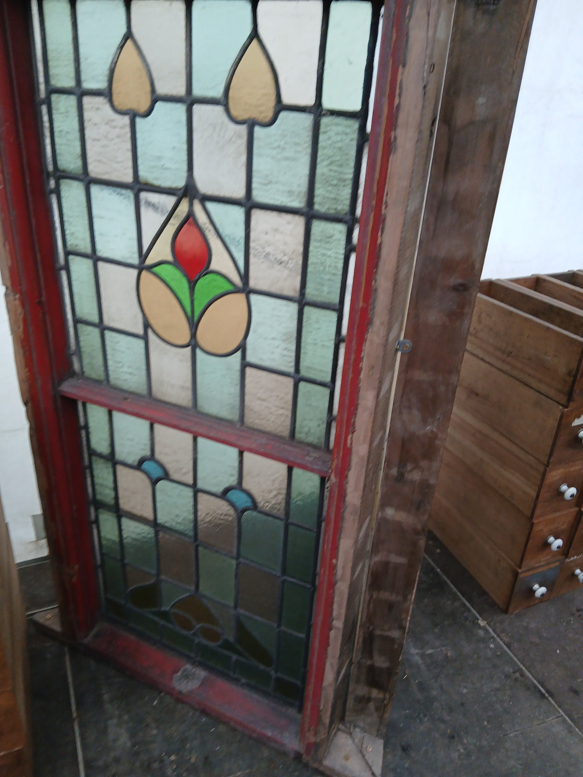 Pair of Reclaimed Arched Stained Glass Windows with Red Tulip Design
