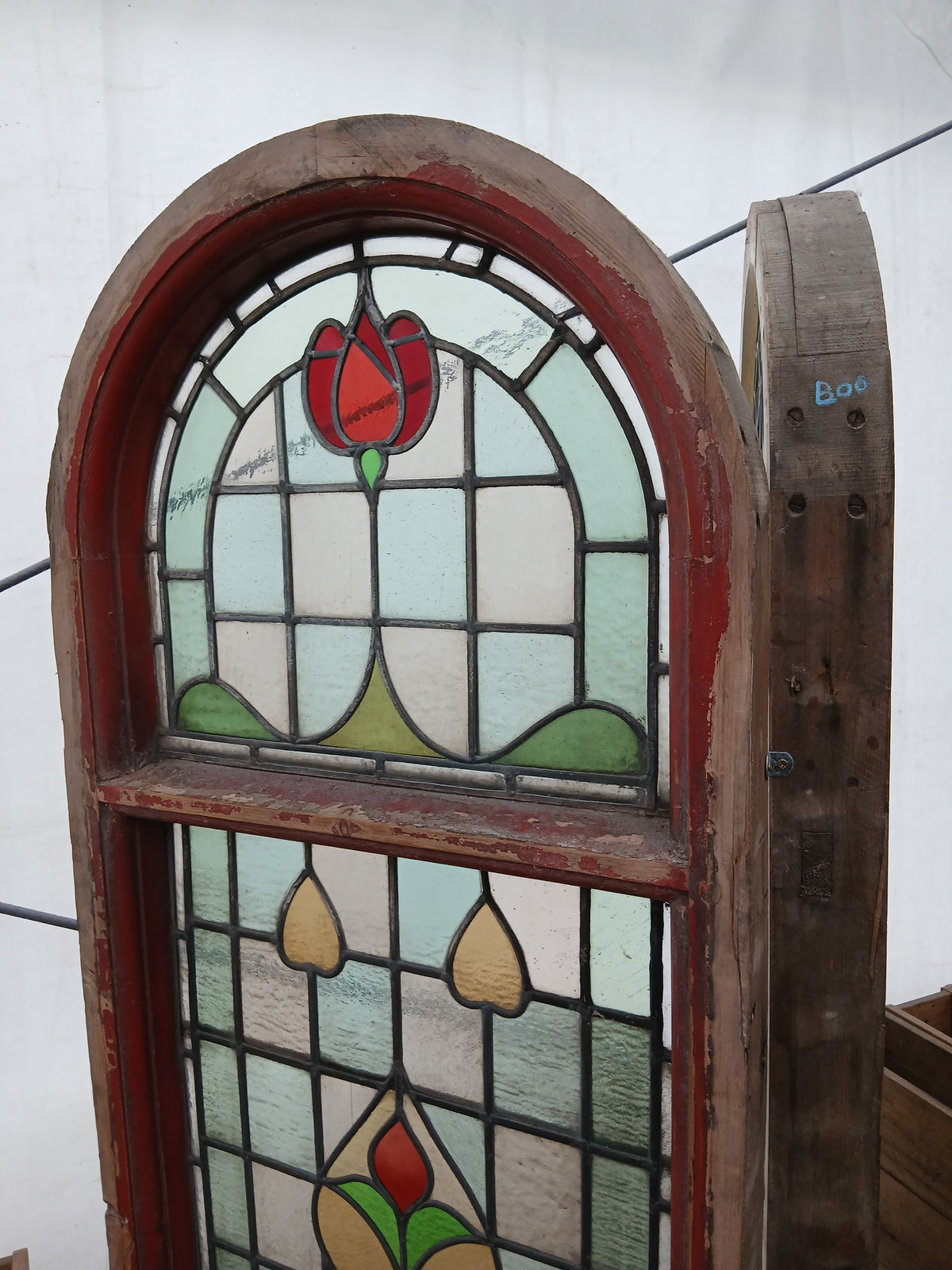 Pair of Reclaimed Arched Stained Glass Windows with Red Tulip Design