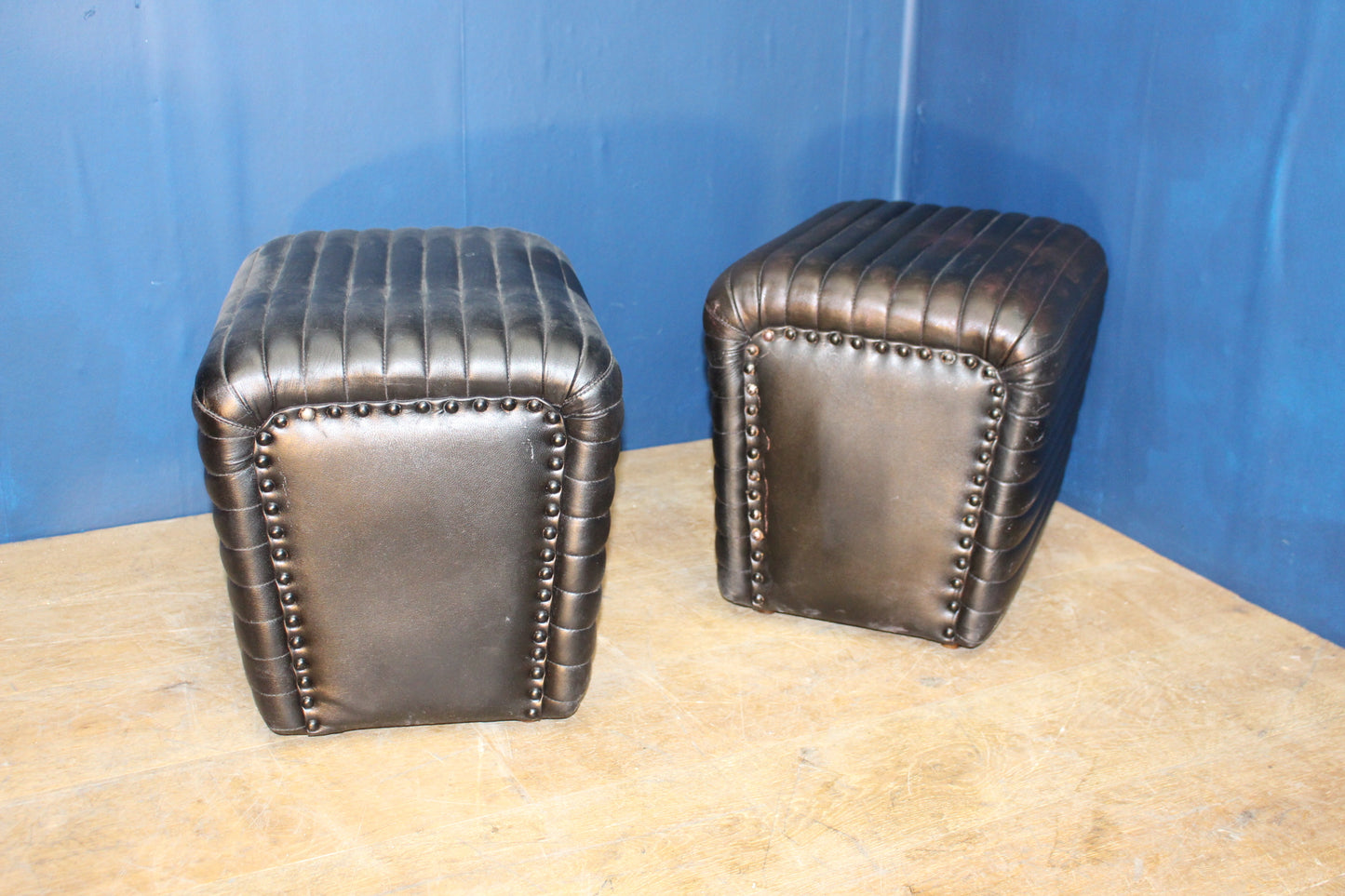 Pair of rectangular Black leather stools