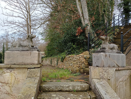 Pair of stone dogs on plinth