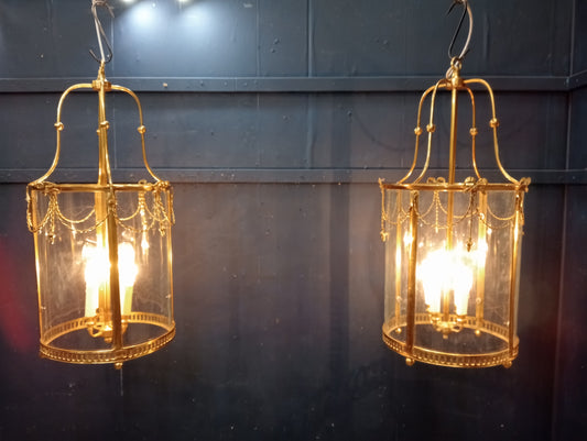 Pair of vintage sheraton style solid brass and glass circular hall lanterns