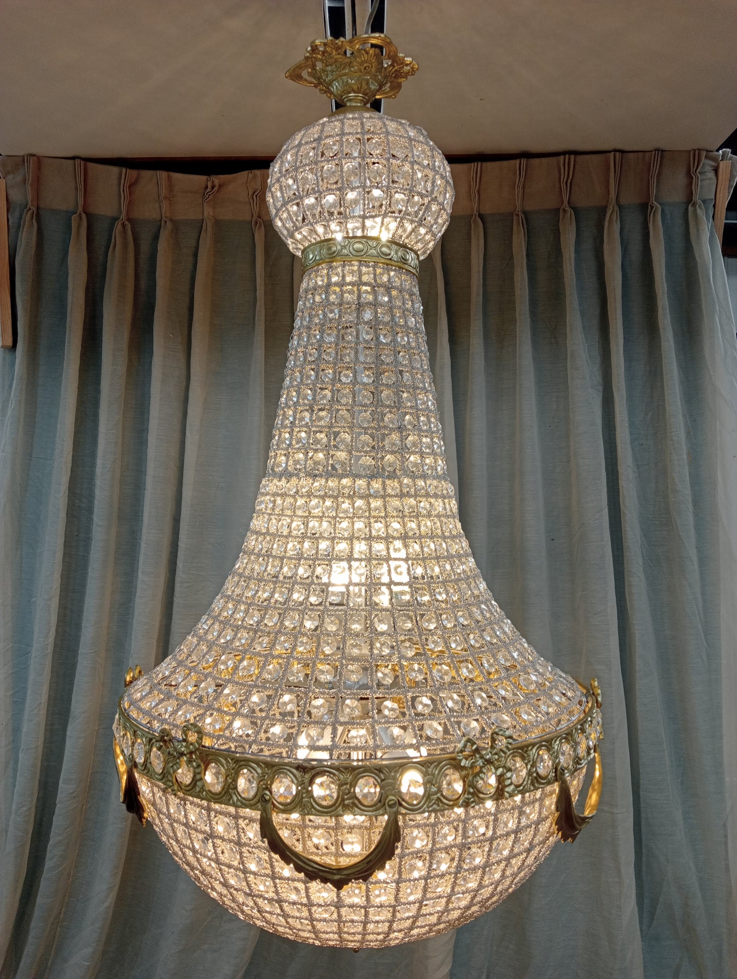Pear drop cut glass and bronze chandelier- wired working