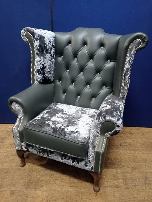 Queen Ann deep button leather armchair with crushed velvet