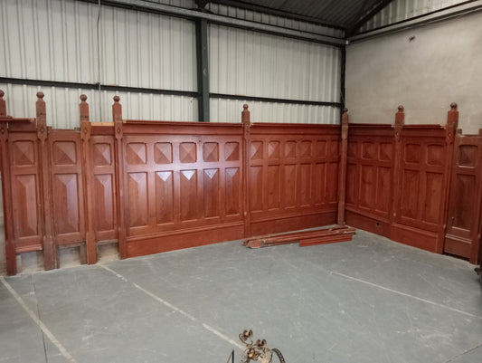 Pitch pine wall panelling to include 11 newell posts