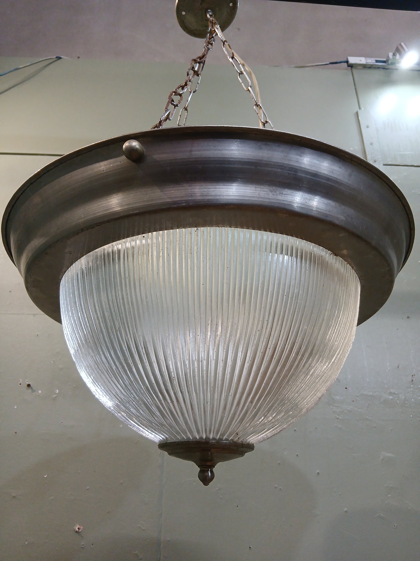 Prismatic glass holophane bowl pendant light chrome frame