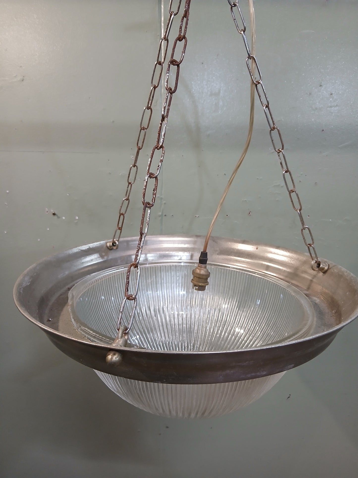 Prismatic glass holophane bowl pendant light chrome frame