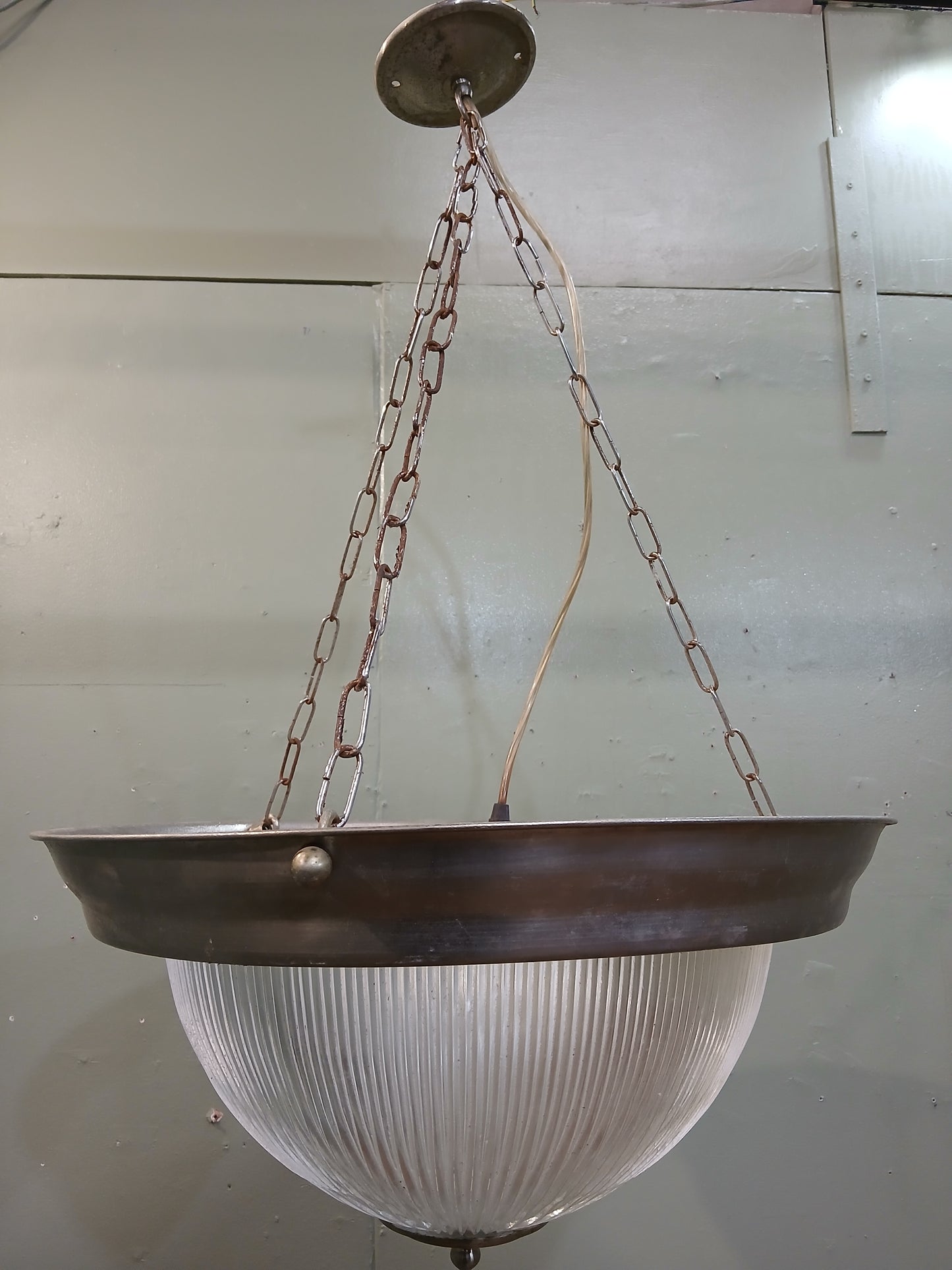 Prismatic glass holophane bowl pendant light chrome frame