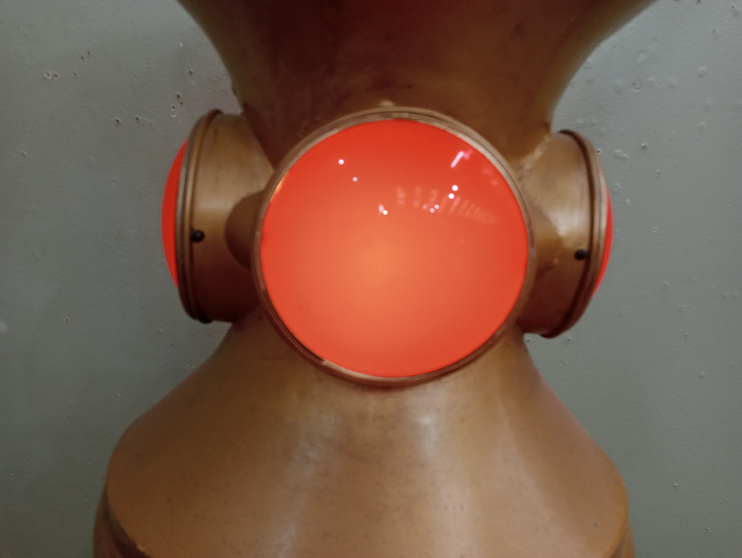 Rare early 20th C Pharmacy Trade Sign in the form of a mortar and pestle .In working order. Gilded colour with red lenses on 4 sides.