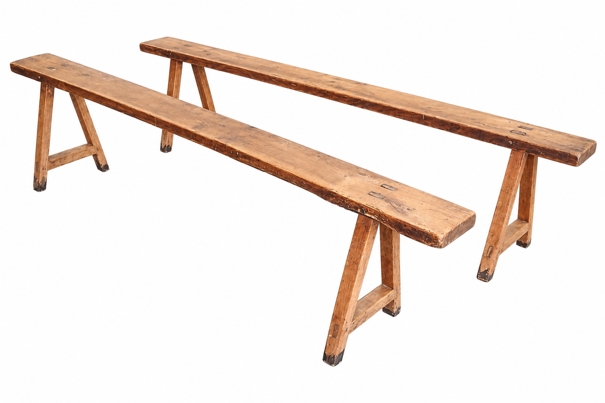 Pair of Fruitwood Trestle Benches with A-Frame Pegged Legs