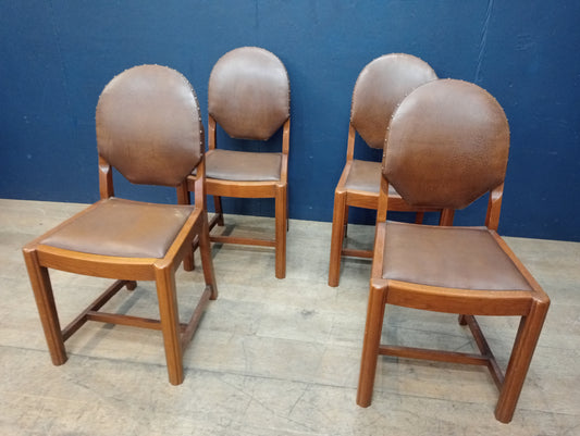 Set of 4 art deco Circe 1930s oak and tan leather dinning chairs