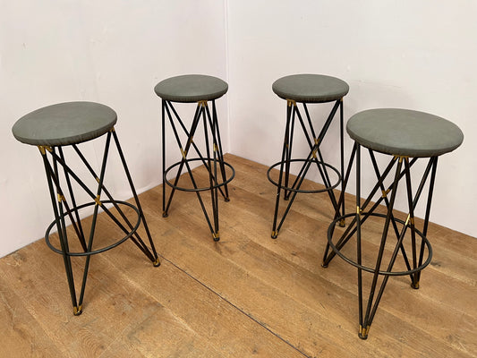 Set of 4 industrial and leather upholstered bar stools