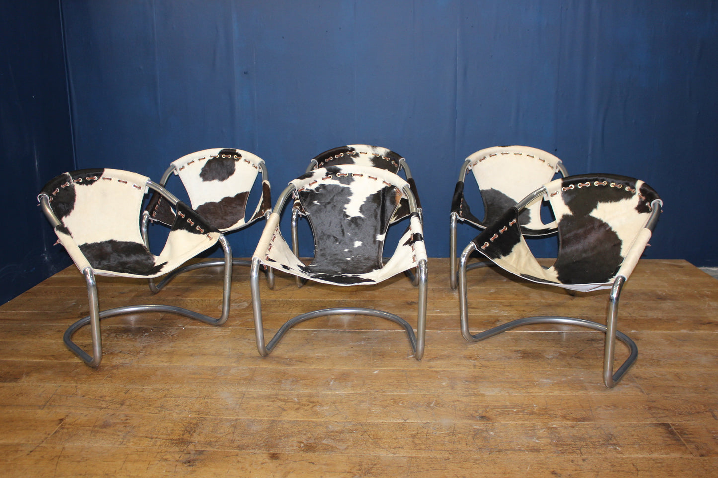 Set of 6 cowhide chrome tub retro  Italian style chairs