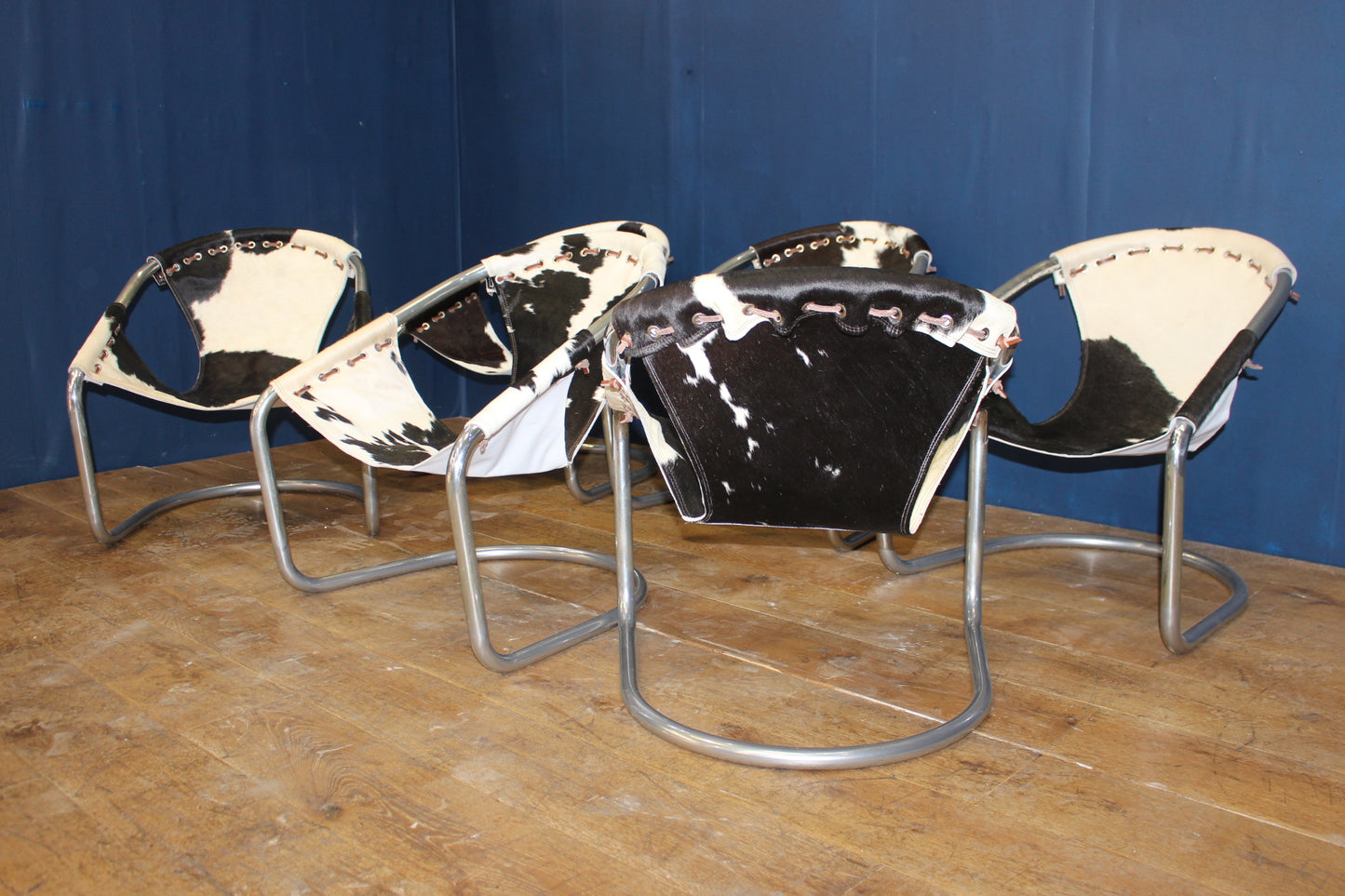 Set of 6 cowhide chrome tub retro  Italian style chairs