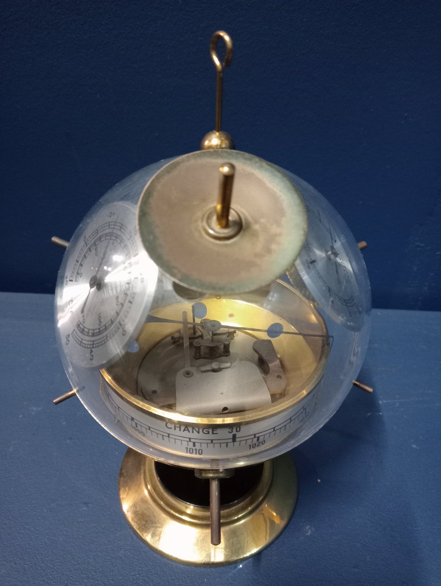 Spherical brass mounted weather station with thermometer , relative hydro and barometer dials