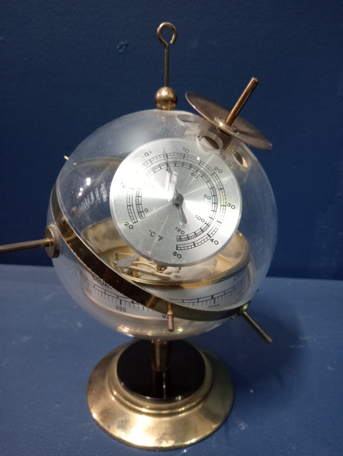 Spherical brass mounted weather station with thermometer , relative hydro and barometer dials