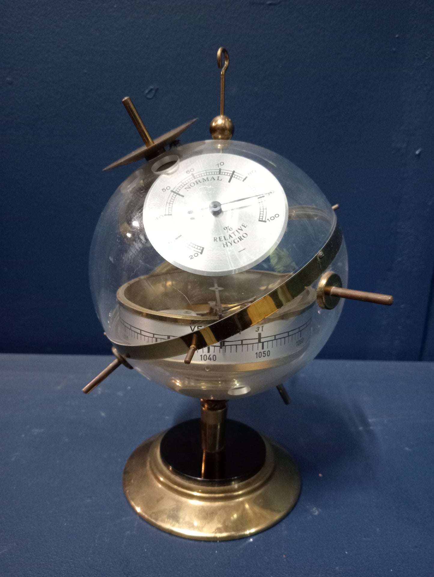 Spherical brass mounted weather station with thermometer , relative hydro and barometer dials