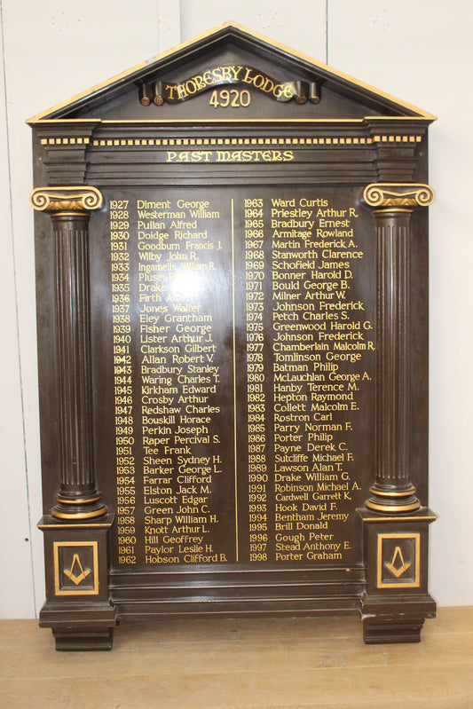 Thoresby Lodge 4920 Past Masters 1927-1998 Masonic display board