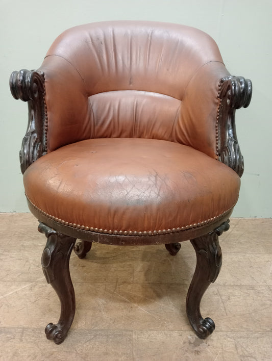 Victorian walnut swival library chair tan leather on scroll cabriole legs